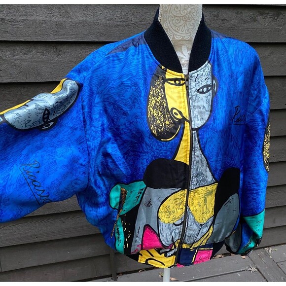 Vtg 90s Exclusively Misook OS Picasso graphic satin bomber jacket wearable art - Picture 2 of 12